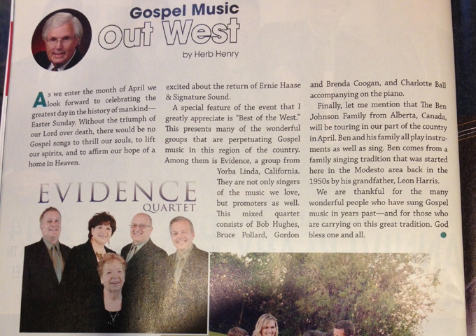 Singing News article featuring Evidence Quartet.